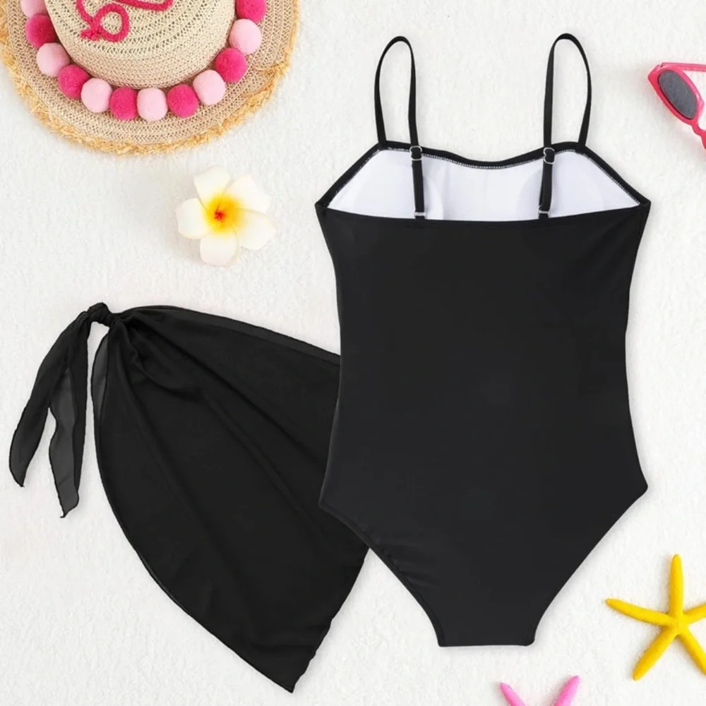 NWT Kids Black Swimsuit with‎ Sarong 13-14 Y BS109